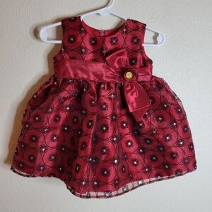 Jayne Copeland Red With Black Floral Embroidered Baby Dress with Bow Size 6 mos.